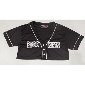 Retro Fox Baseball Jersey Womens M Black Excellent Brooklyn Graphic Crop Top